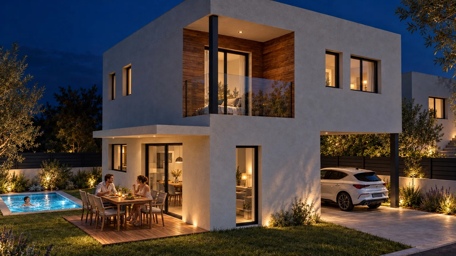 Vivienda contemporánea en Carrer Manresa 28, iluminada al anochecer