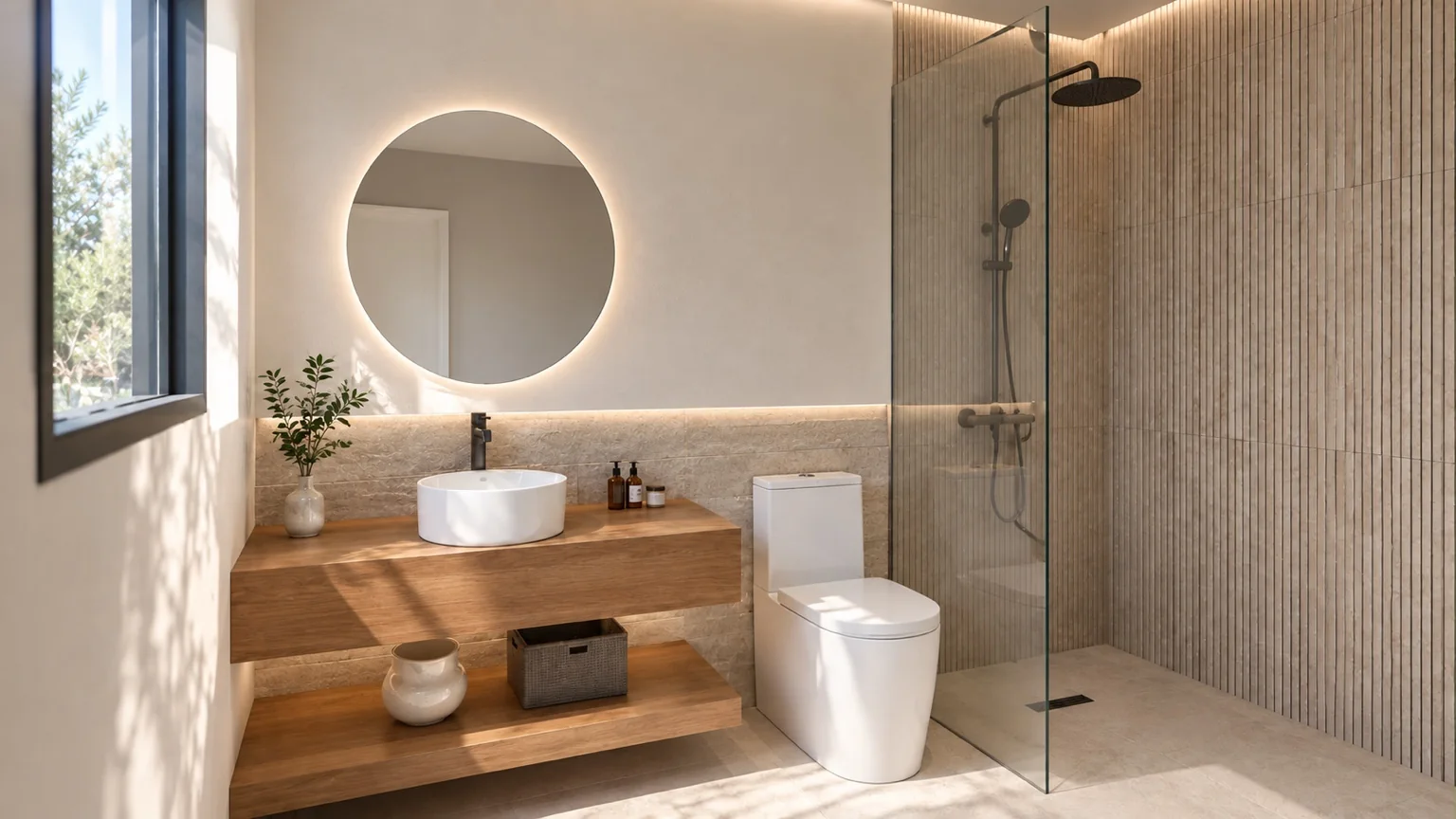 Baño de tonos cálidos y materiales naturales