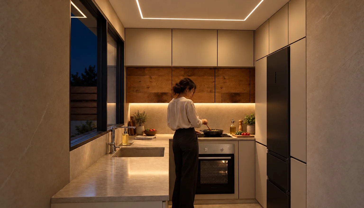 Cocina abierta con iluminación cálida