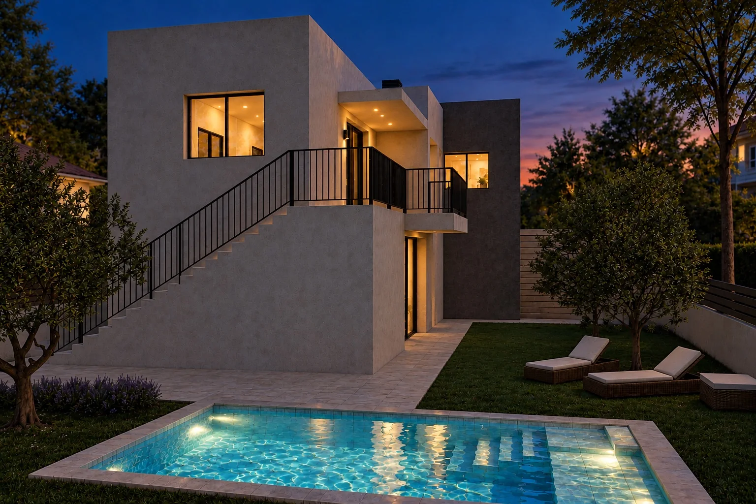 Casa y piscina iluminadas al anochecer