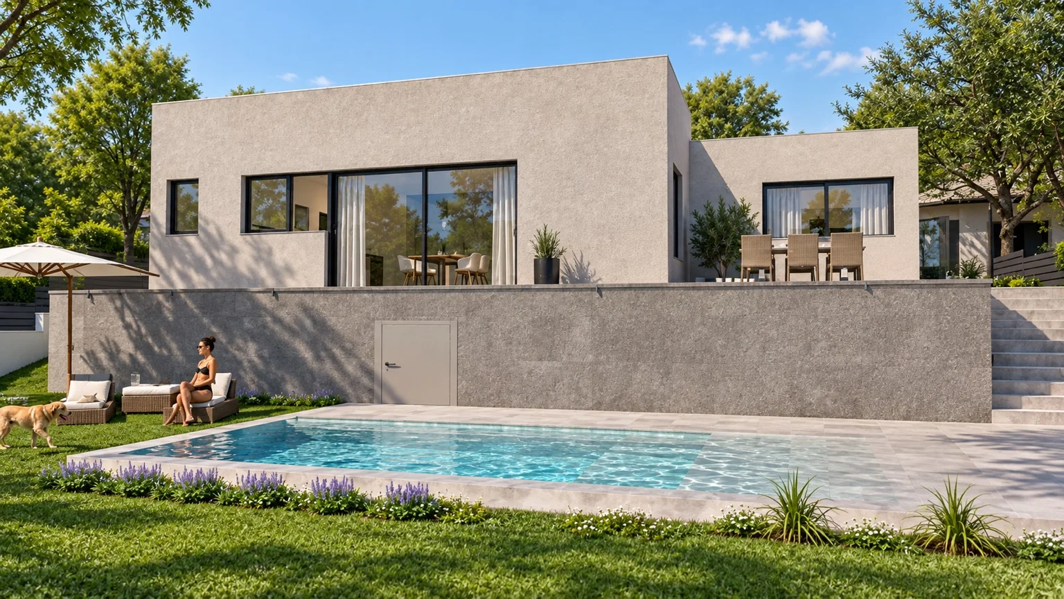 Fachada contemporánea junto a la piscina