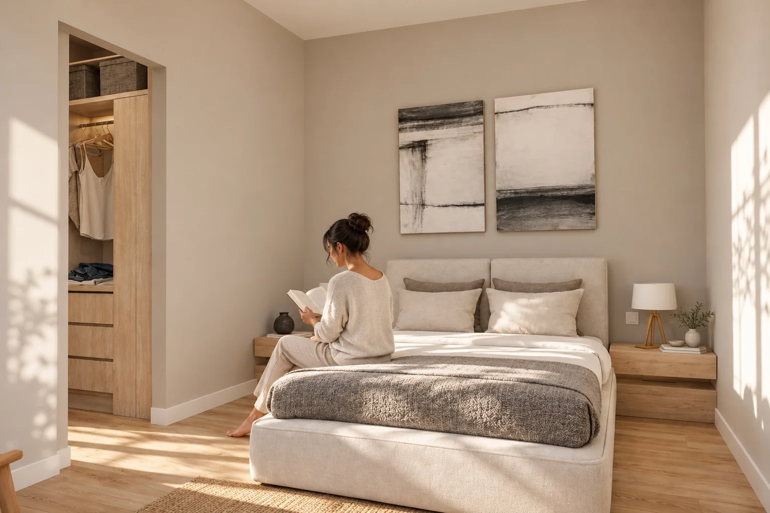 Dormitorio de tonos neutros y luz natural