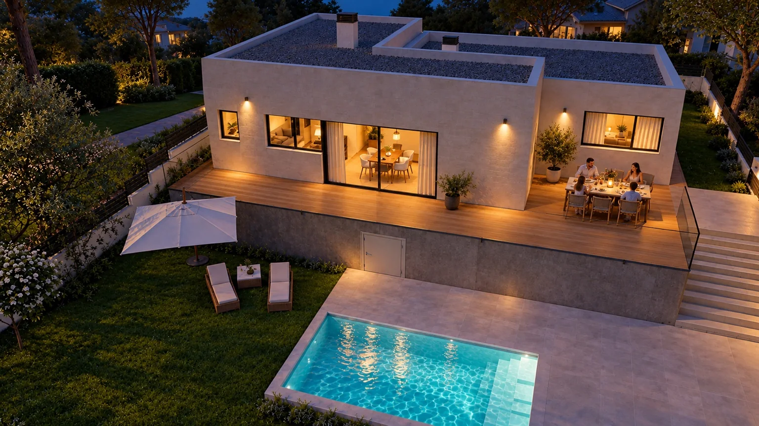 Vivienda y piscina iluminadas al anochecer