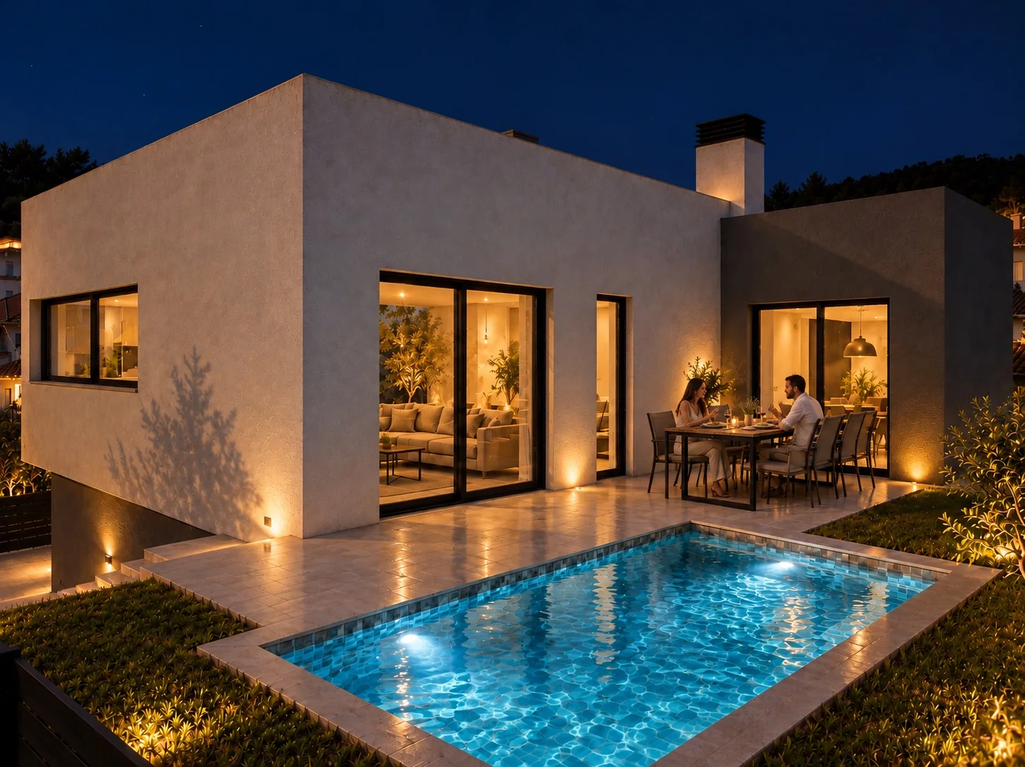 Piscina iluminada al anochecer