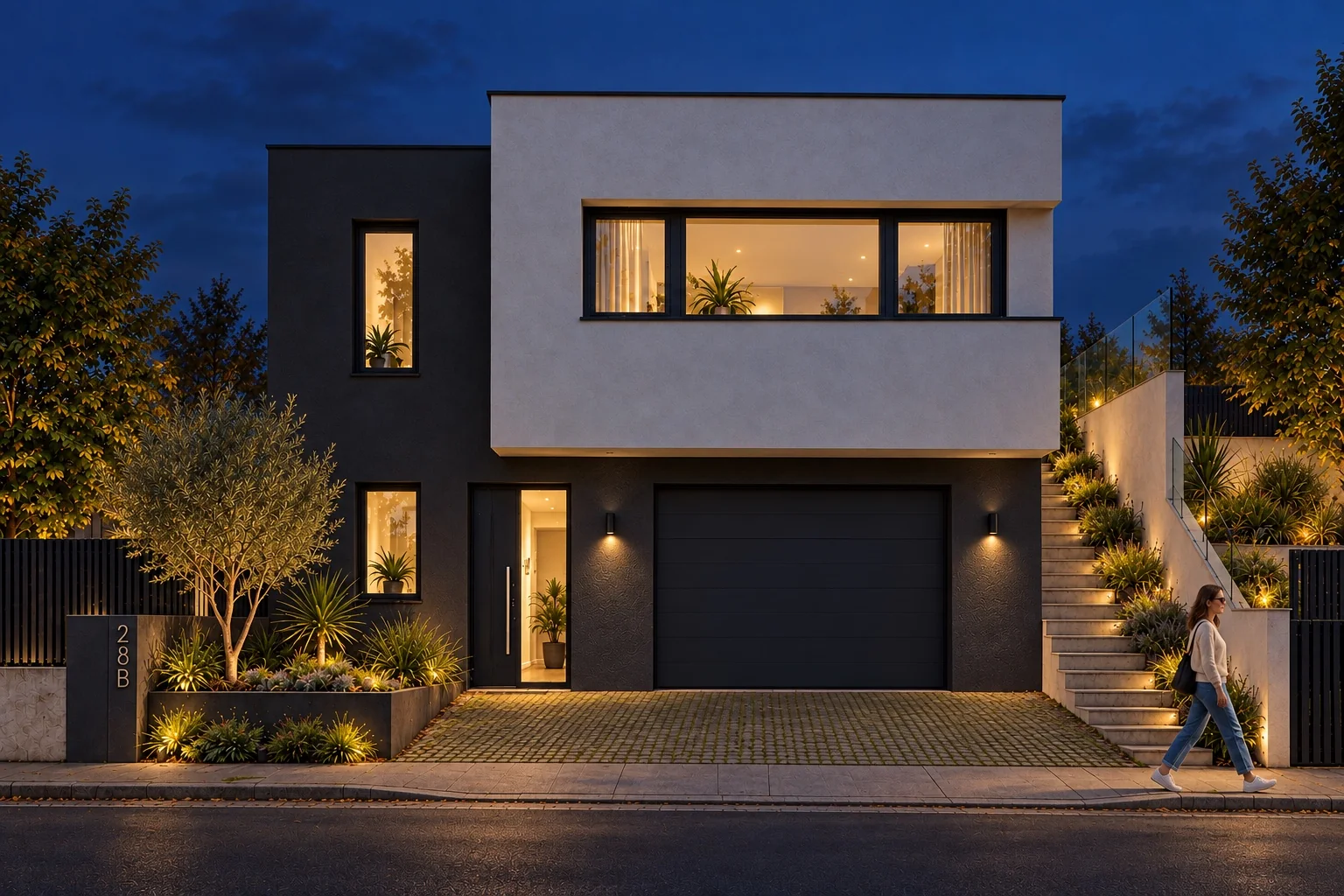 Fachada de la vivienda al anochecer