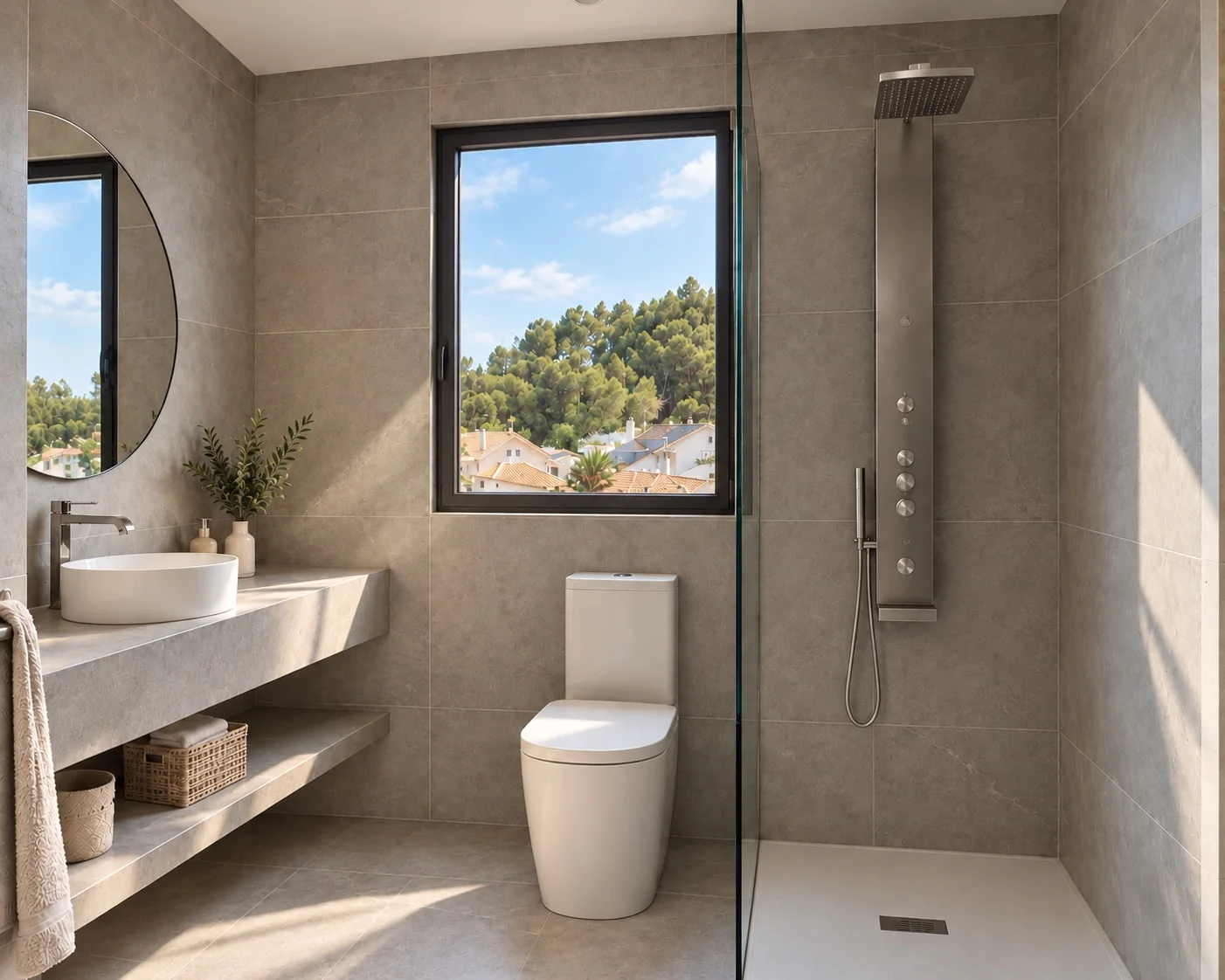 Baño con acabados de tonos naturales